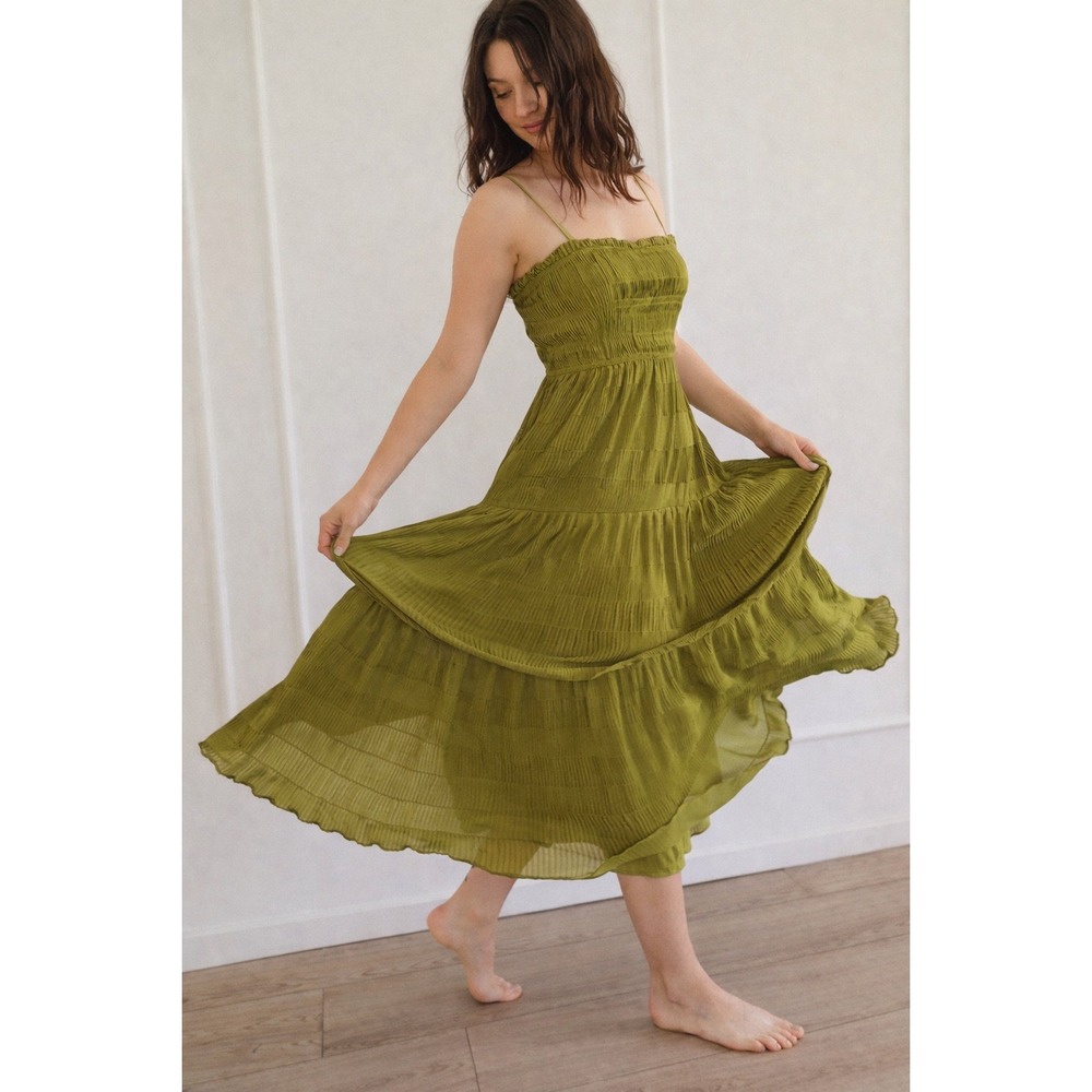 Olive Green Maxi Sundress with Smocked Bodice
